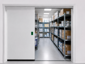 Almacén de producto sanitario con puerta blanca corredera, estanterías metálicas y productos sanitarios almacenados conforme a normativa